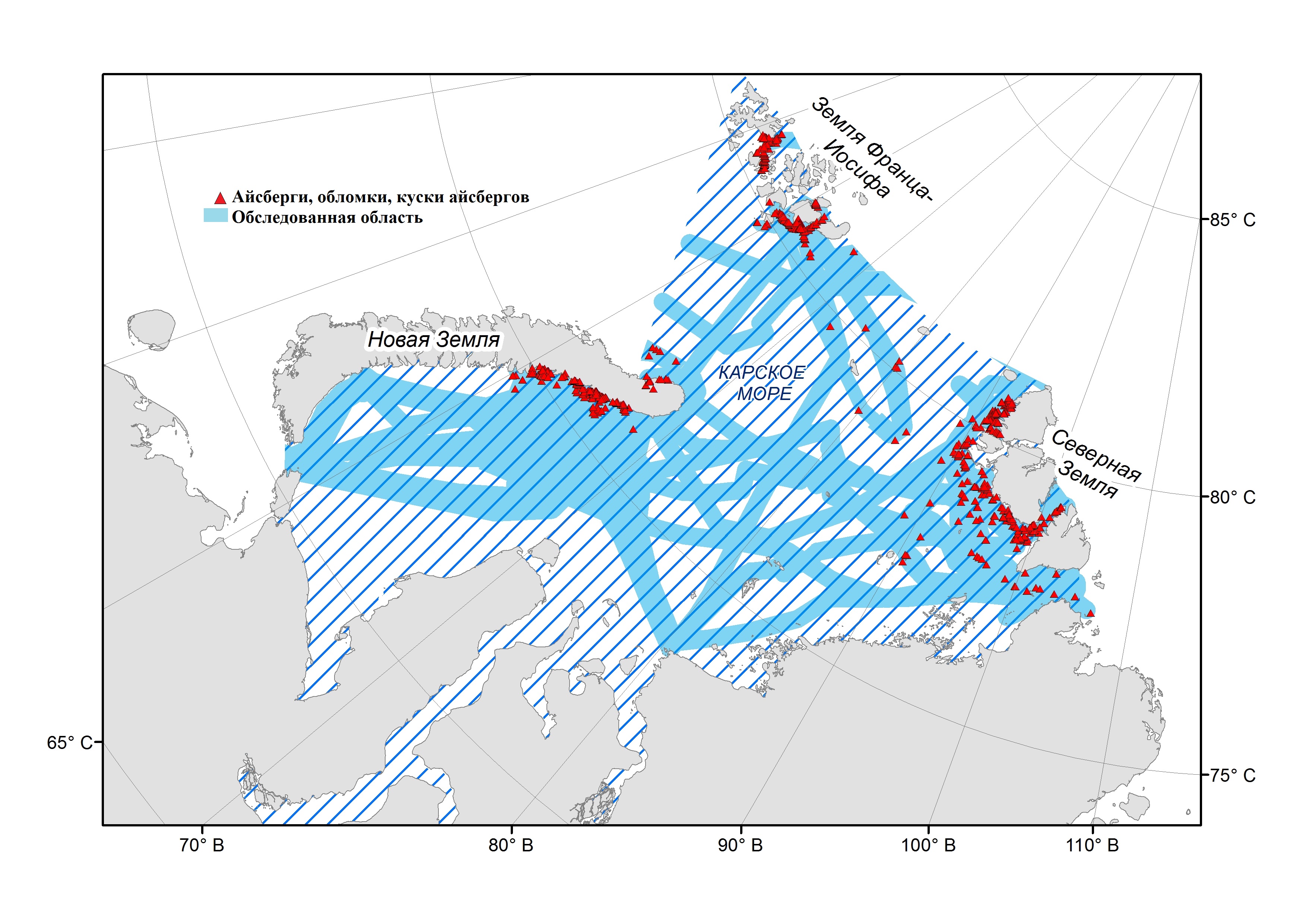 Specific Features of Iceberg Distribution According to Shipborne Observations in the Kara Sea in 2004-2019